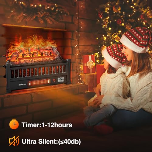 Electric Fireplace Logs 20-Inch, Remote Controller Fireplace Insert Log Heater, Adjustable Flame Colors, Realistic Fake firewood Flame