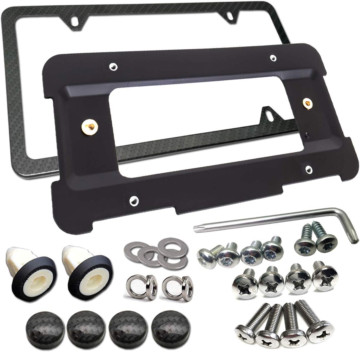 Aootf Front License Plate Bracket- Universal Front Bumper License Plate Mounting Kit, Car Tag Holder Adapter& Black Aluminum Plate Cover