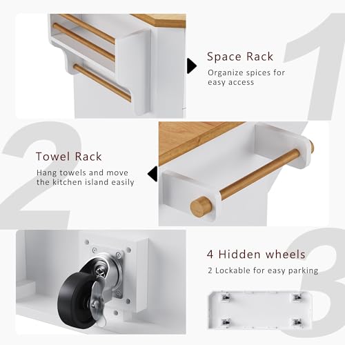 Amposei Rolling Kitchen Storage Island on Wheels with Power Outlet, Drop Leaf Breakfast Bar Kitchen Cart Island Table with Drawers