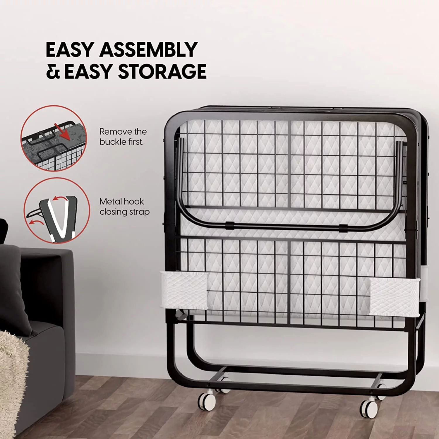 EconoHome Folding Bed with Mattress - 75x38 Cot Size Bed Frame - Portable Foldable Roll Away Adult Bed for Guest