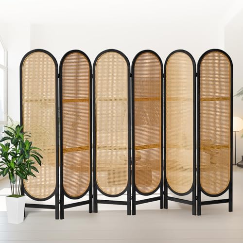 4 Panels Room Divider Wall, Foldable Wooden Room Divider, Individual Privacy Screen Made of Hand-Woven Rattan