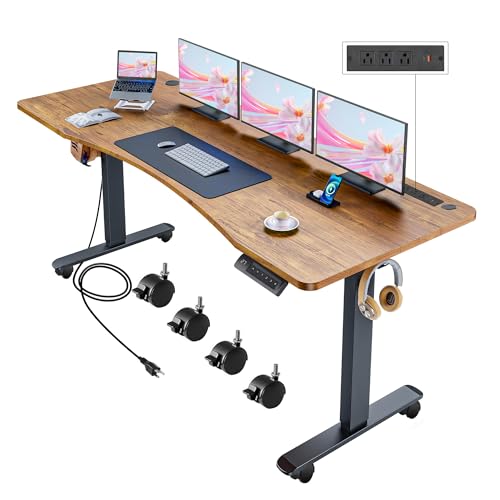 Electric Standing Adjustable Height Desk 55'' x 24''Sit Stand Desk with Charging Station, 2 USB Ports, 3 Power Outlets, 4 Caster