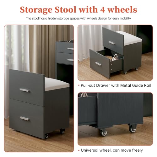 Compact Vanity with 3 Drawers, 3 in 1 Vanity Desk, Makeup Desk with Flip-up 3 Colors Lighting Mirror and Cushioned Stool