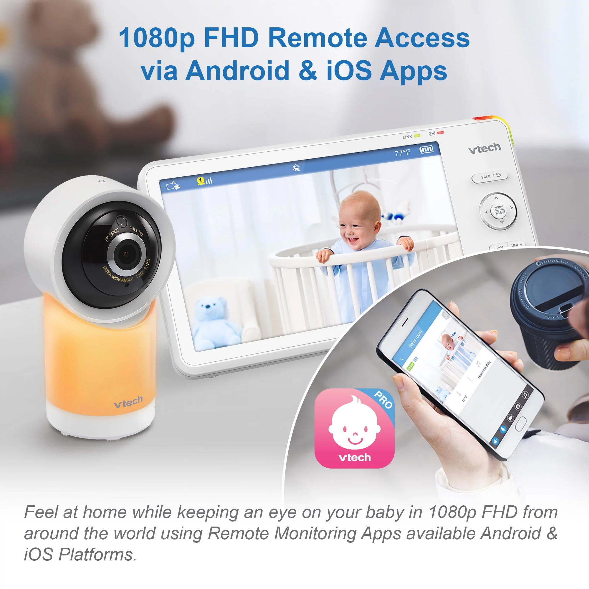 VTech 1080p Smart WiFi Remote Access 360-Degree Pan and Tilt Video Baby Monitor with 7-Inch High-Definition 720p Display and Night Light, RM7866HD