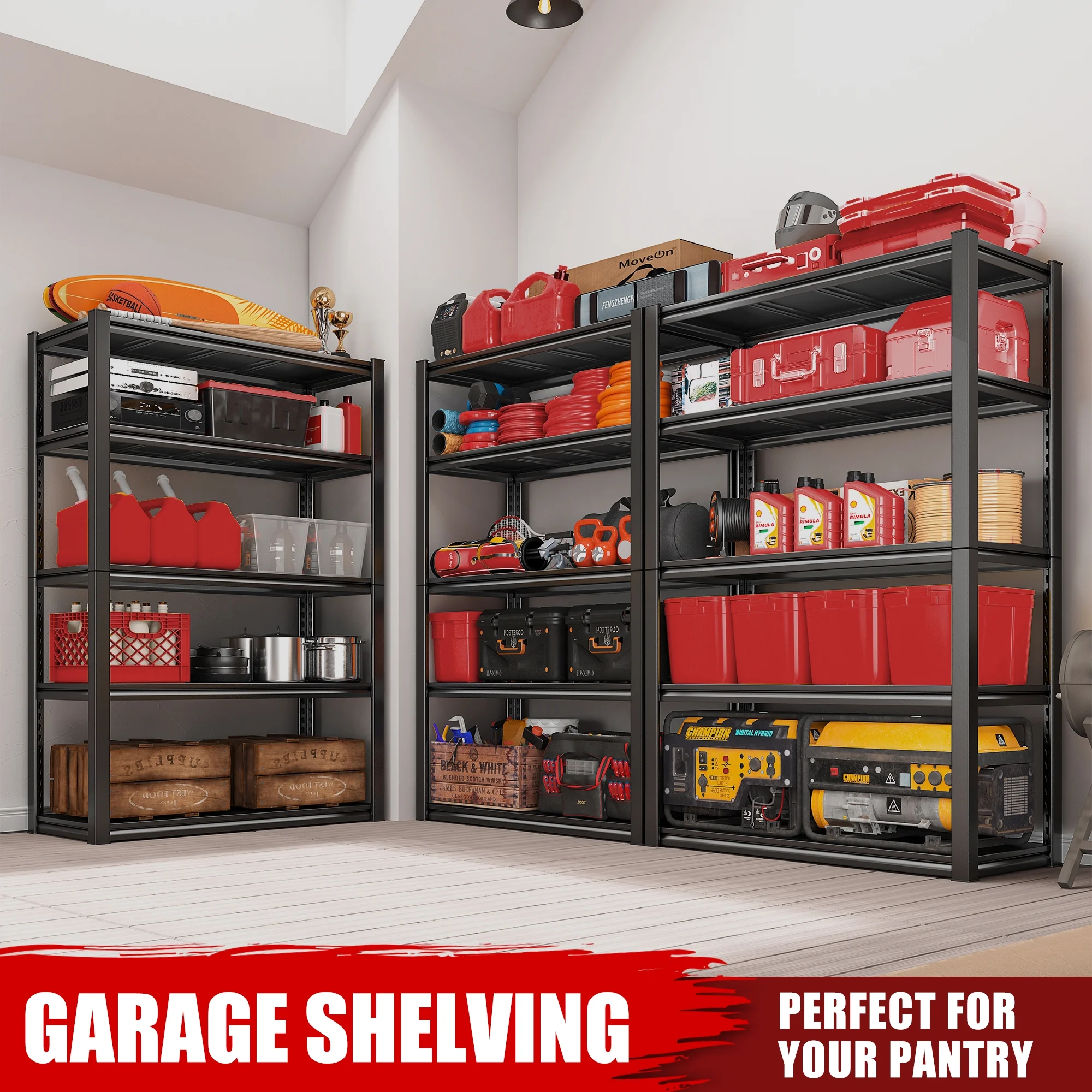72"H 5-Shelf Garage Shelving Heavy Duty Storage Shelves for Garage Storage 2000Lbs Standing Metal Shelf Rack Adjustable Industial Shelving Unit for