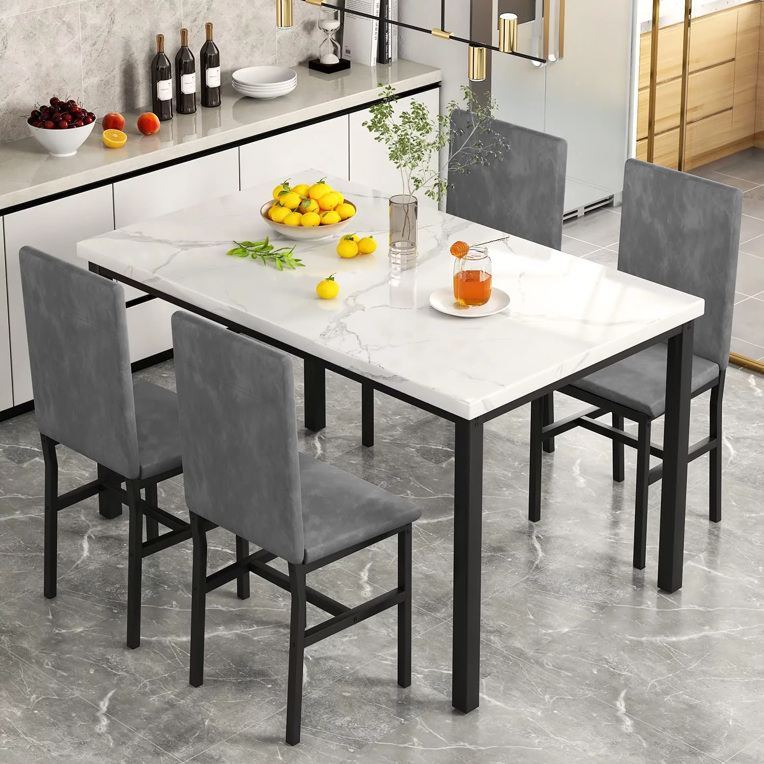 Modern Dining Table Set for 4, Faux Marble Table and Velvet Fabric Upholstered Chairs Set, 5 Piece Kitchen Dining Set