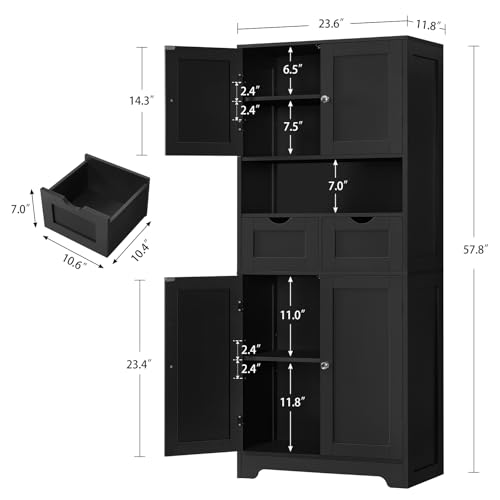 57.8“H Tall Bathroom Cabinet, Storage Cabinet with 2 Drawers & 2 Adjustable Shelves, Bathroom Storage Cabinet with 4 Doors