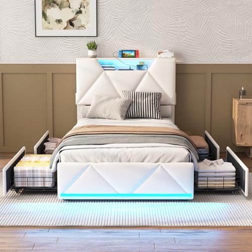 Vabches Queen Bed Frame with Storage Headboard and 4 Drawers,Upholstered Platform with Charging Station and Led Lights,Adjustable Headboard
