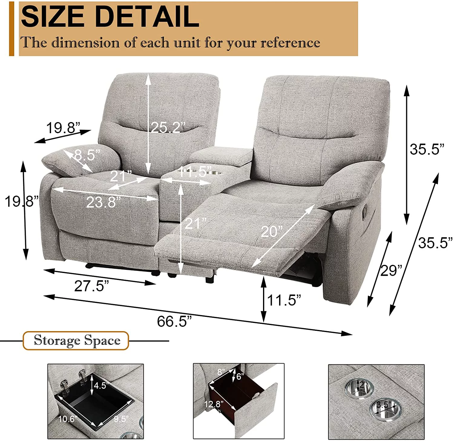 Double Reclining Loveseat - Fabric Home Theater Seating with Console - Glider Reclining Couch for Living Room, Office