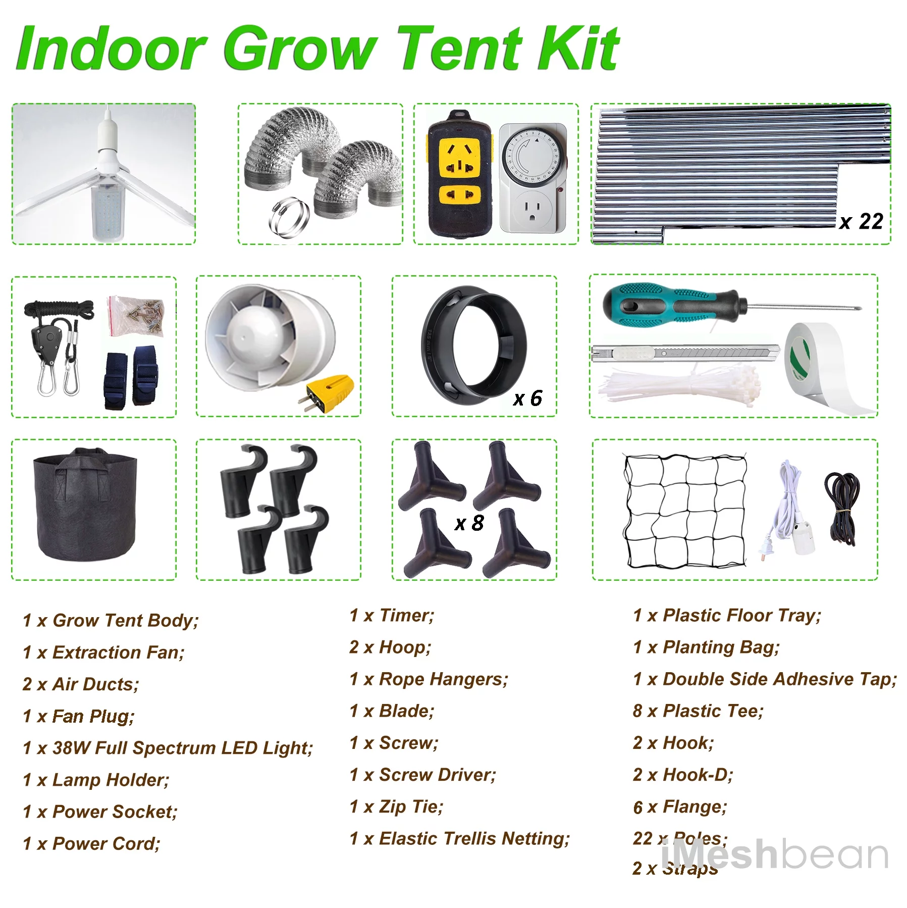 iMeshbean 24"x24"x55" Grow Tent Kit w/ LED Full Spectrum Grow Light & Ventilation Inline Fan