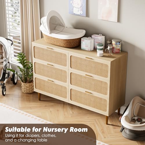 Rattan 5 Drawer Dressers for Bedroom, Tall Dresser with Deep Drawers, Large Chest of Drawers for Closet with Wide Top
