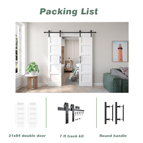 Fredbeck Double 21inx84in White Barn Door and 7FT Sliding Barn Door Hardware Kit Included,Solid,MDF, PVC Surface,DIY Assembly,5-Panel