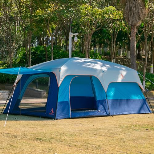 KTT Extra Large Tent 10-12-14 Person(Style-B),Family Cabin Tents,2 Rooms,3 Doors and 3 Windows with Mesh,Straight Wall,Waterproof,Double Layer
