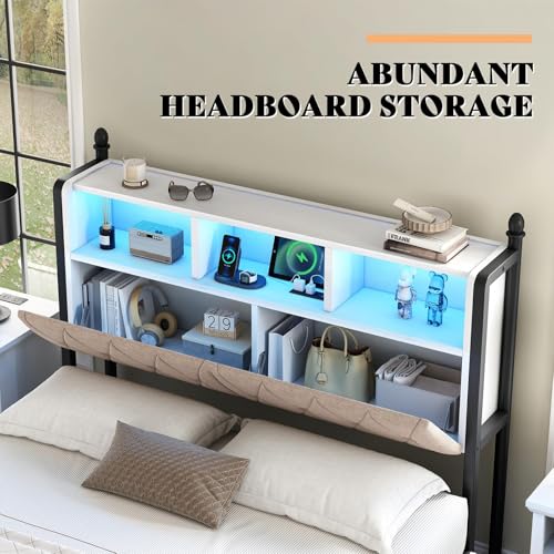 AMERLIFE Full Size Bed Frame with Bookcase Headboard, 4 Storage Drawers, Wooden Platform Bed with Charging Station & LED Light, No Box Spring Needed