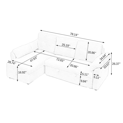 Corduroy Tufted Upholstered Sleeper Sectional Sofa, L-Shaped Modular Convertible Sofa with Storage Chaise, Futon Couch with Pullout Bed