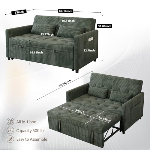 Sofa Bed, Loveseat 3-in-1 Sleeper Sofa with Pull Out Bed, Pockets and USB