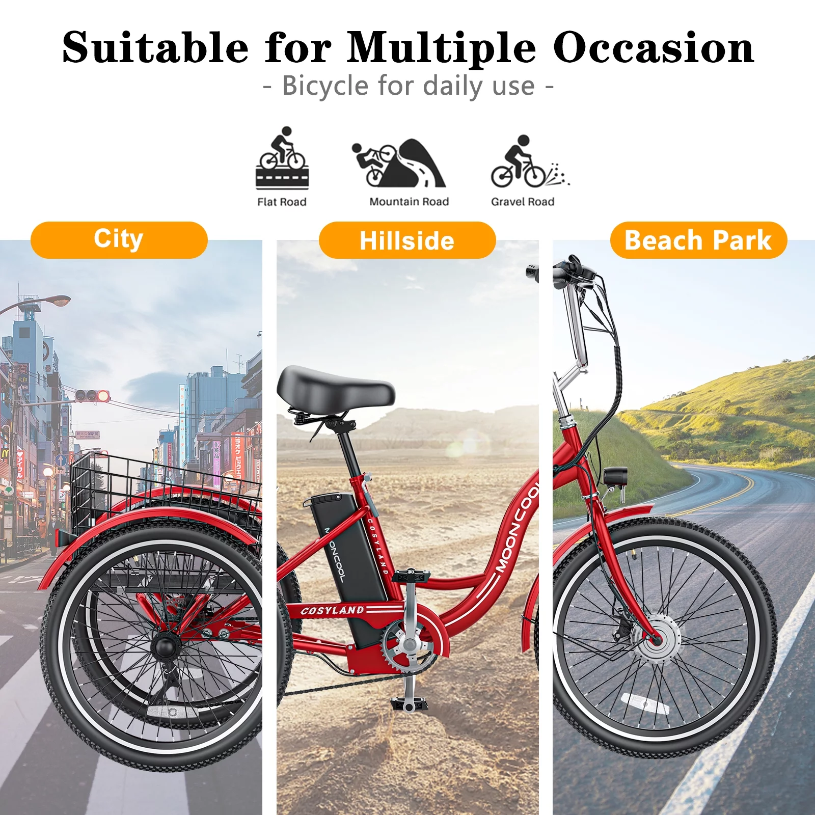 MOONCOOL 350W Motorized Electric Trike, 7 Speed 3 Wheel Electric Bicycle with 36V 14.5Ah Lithium Battery UL Certified
