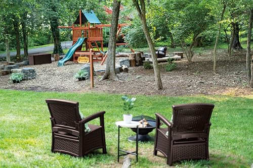 Suncast Elements Stylish Lightweight Loveseat Outdoor Seating with Convenient Built In Universal Storage, and All Weather Plastic, White