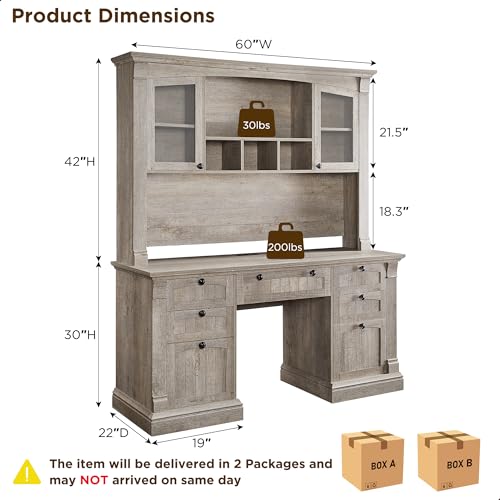 OKD 60" Executive Desk with Drawers, Farmhouse Home Office Desk with Charging Station, Keyboard Tray, File Cabinet Storage