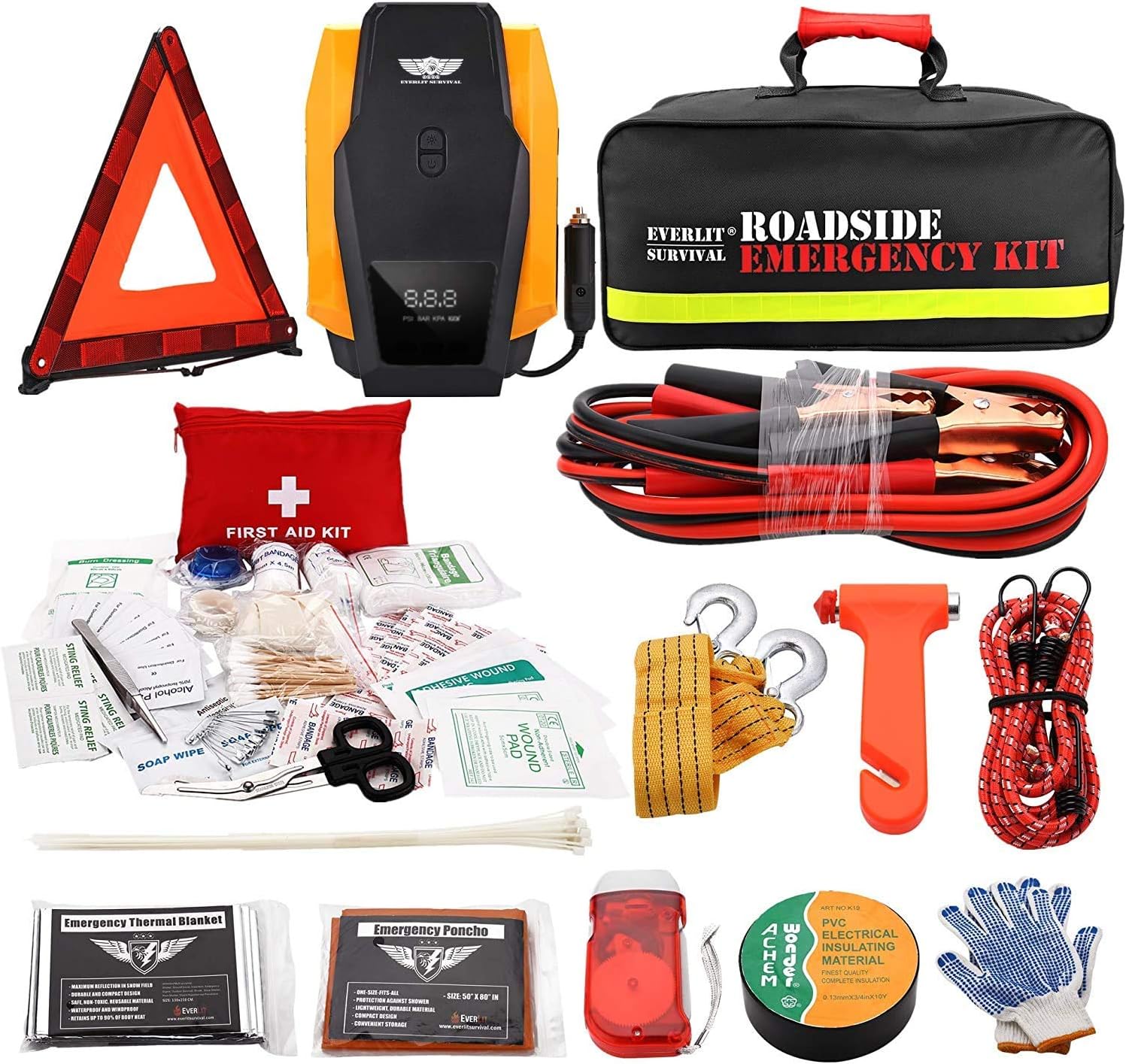 EVERLIT Roadside Assistance Kit, Car Emergency Kit Assistance Car Kit with Digital Air Compressor, 12FT Jumper Cable, Tow Strap, Flashlight