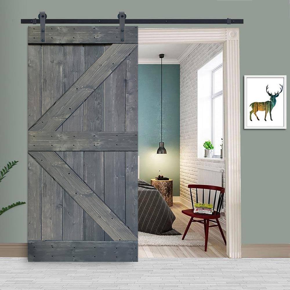 CALHOME K Series 36 in. x 84 in. Gray Stained Knotty Pine Wood Interior Sliding Barn Door with Hardware Kit