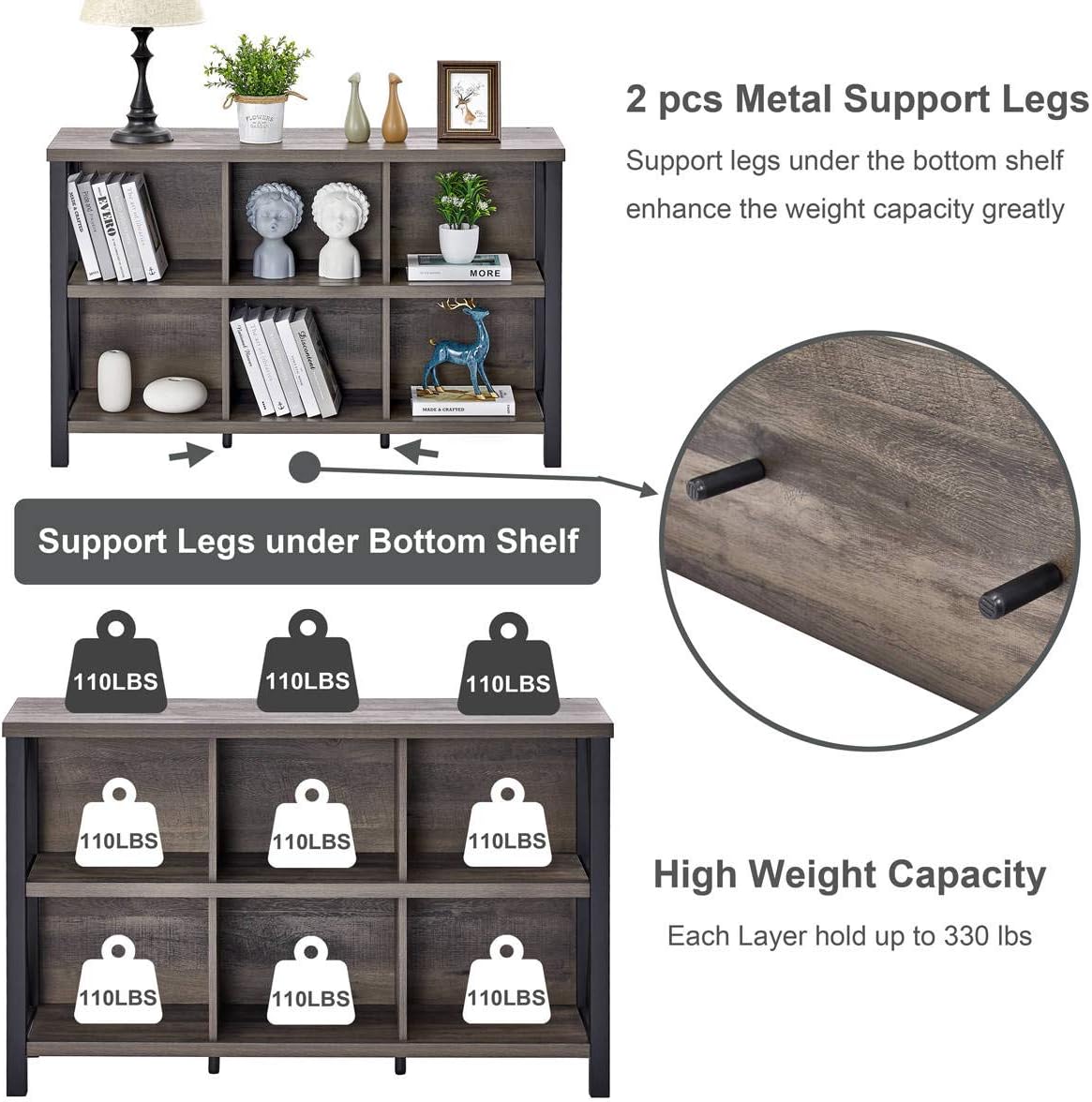 FATORRI Rustic 6 Cube Storage Organizer with Shelf, Wood and Metal Cubby Bookcase, Industrial Horizontal Bookshelf (Walnut Brown, 47 Inch)