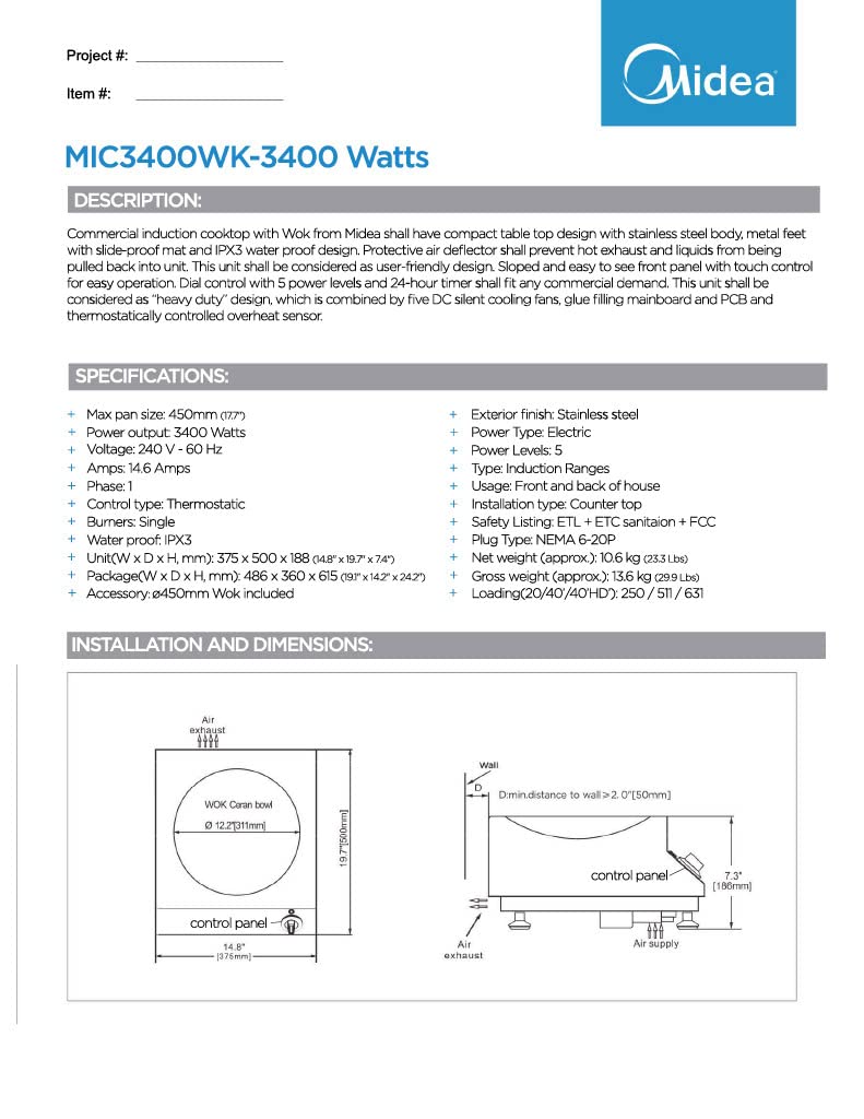 Midea Equipment MIC3400WK Midea Induction Wok