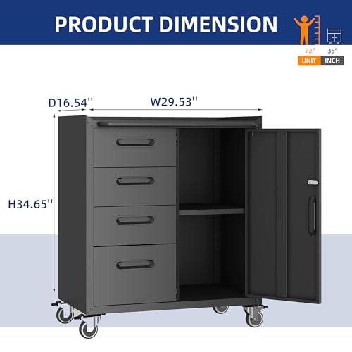Metal Garage Storage Cabinet with Wheels,Locking Rolling Tool Cabinet with Drawers and Shelves for Home, Office, Garage & Workshop