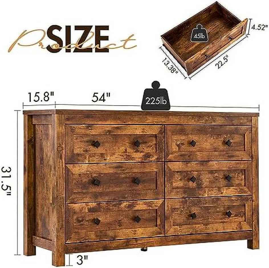 HOOMHIBIU 6 Drawers Dresser for Bedroom  Farmhouse Wood Chest of Drawers with Vintage Grain Texture  Drawer Double Dresser for Bedroom  Living Room