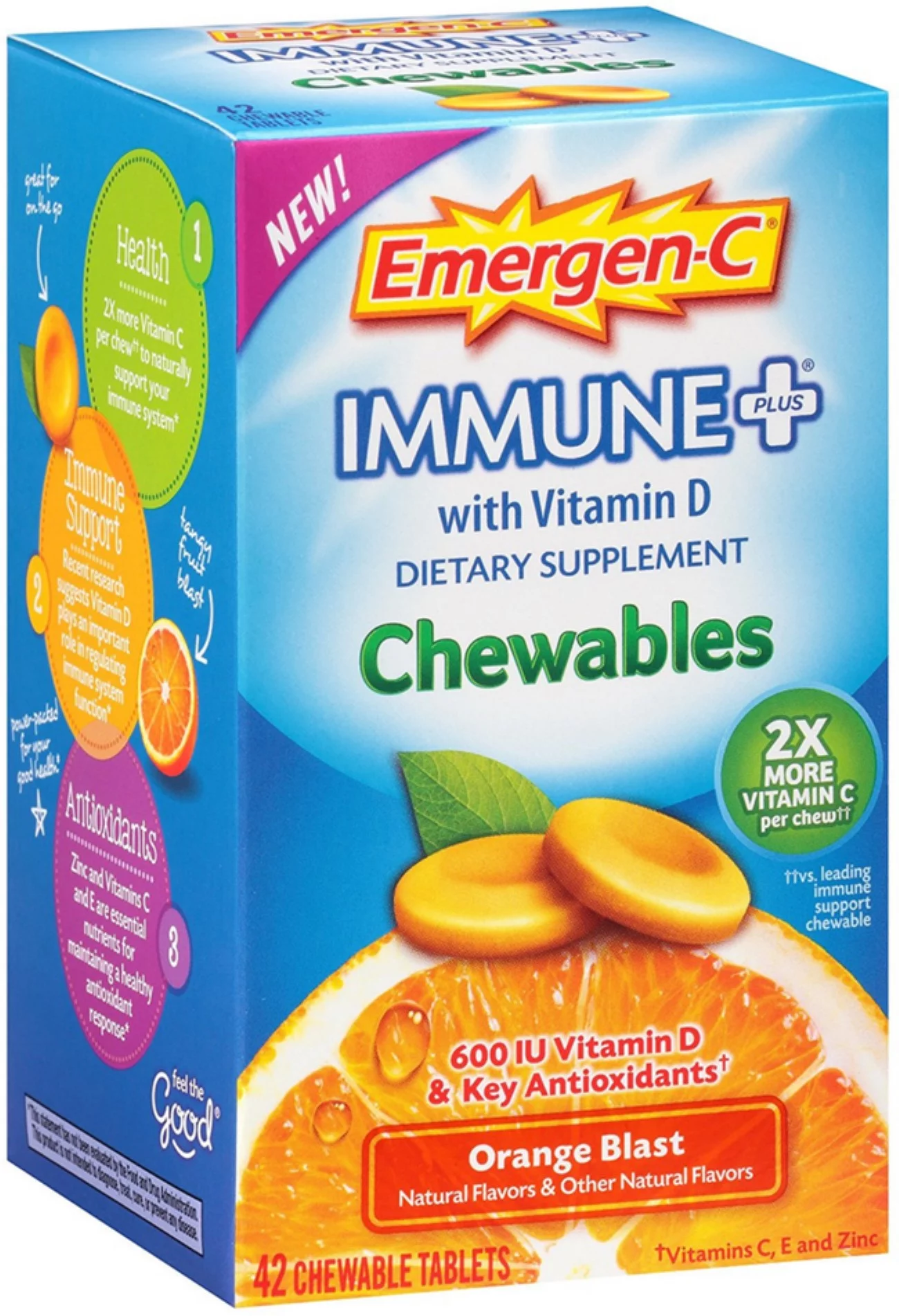 Emergen-C Immune+ Chewables System Support Dietary Supplement Tablet With 600 IU Vitamin D, Orange Blast Flavor 42 ea (Pack of 6)