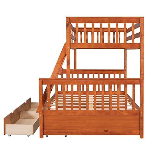 Ball & Cast Full Over Full Bunk Bed with Twin Size Trundle and Built in 4 Drawer,Wood Bunkbed w/Storage Ladder & Slat Support