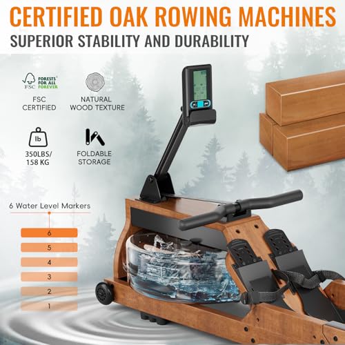Water Rowing Machine for Home Use, WENOKER Wooden Foldable Rower Machine with Adjustable Monitor & Bluetooth APP