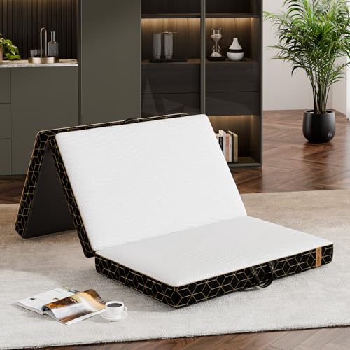 Tri-Fold Memory Foam Mattress Queen - 6 Inch Portable Folding Mattress with Handle & Washable Cover, Floor Bed with Non-Slip Base