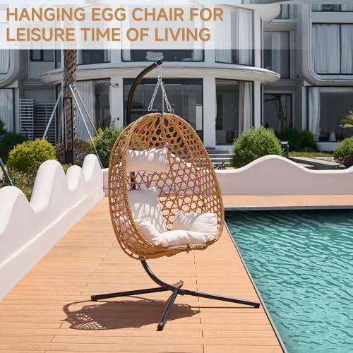 Outdoor Hanging Egg Chair, Patio Wicker Swing Chair with Stand and Cushion, Wider Basket Seating