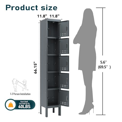 Metal Locker with 5 Doors,Lockers for Employees,66'' Steel Storage Locker for School,Gym, Office, Office,Garage