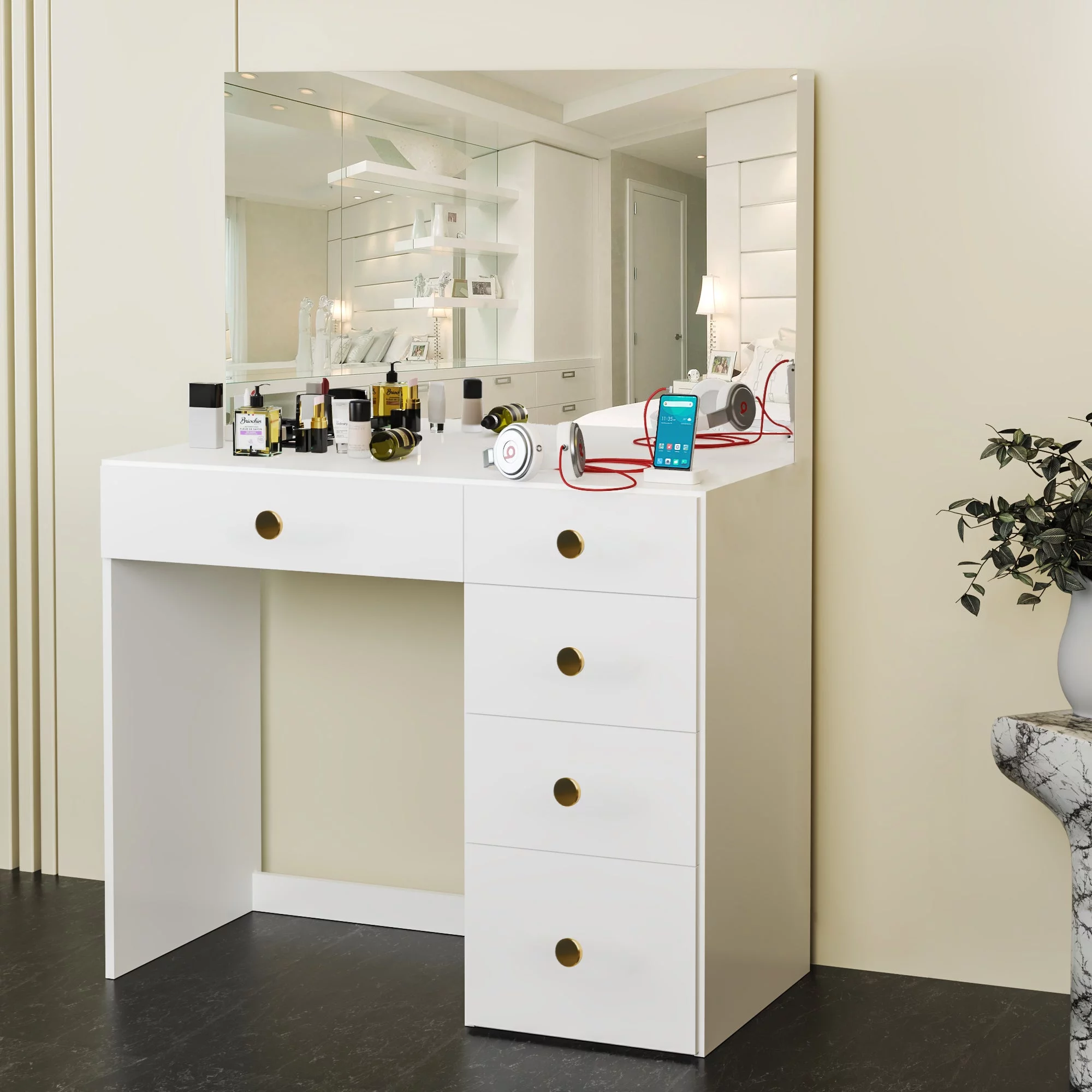 Boahaus Matilda Vanity Makeup Table with Mirror, Manufactured Wood, Golden Knobs, White