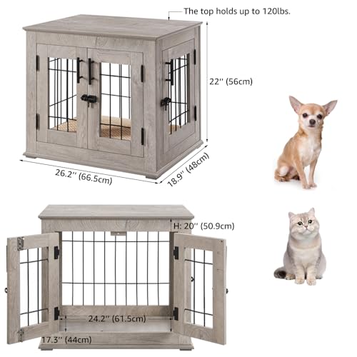 beeNbkks Furniture Style Dog Crate End Table, Double Doors Wooden Wire Dog Kennel with Pet Bed, Decorative Pet Crate Dog House Indoor Medium Large