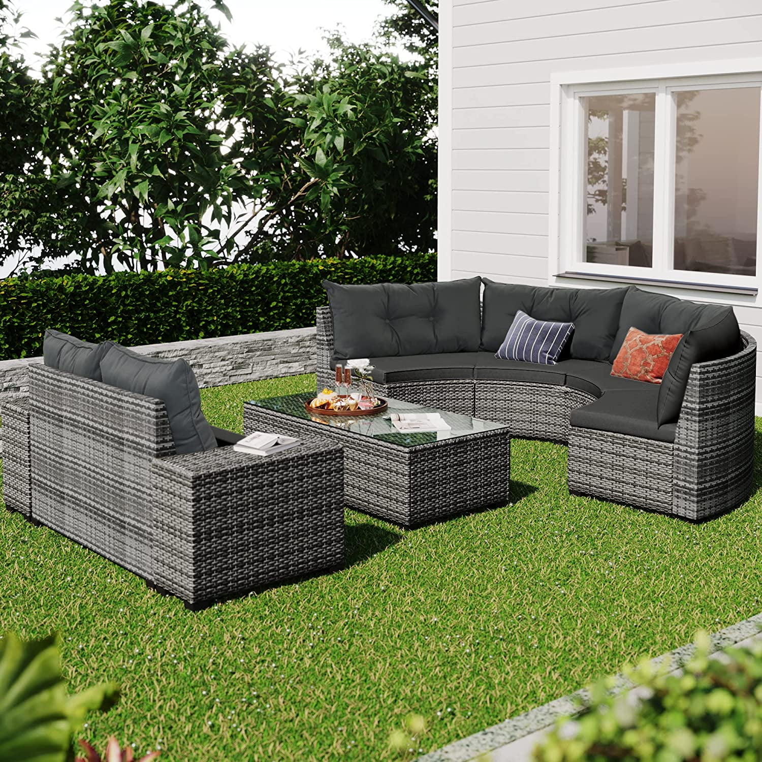 VIRUBI 8-Piece Half-Moon Outdoor Sectional Furniture Cushioned Sofa Set with Rectangular Coffee Table and Side Tables