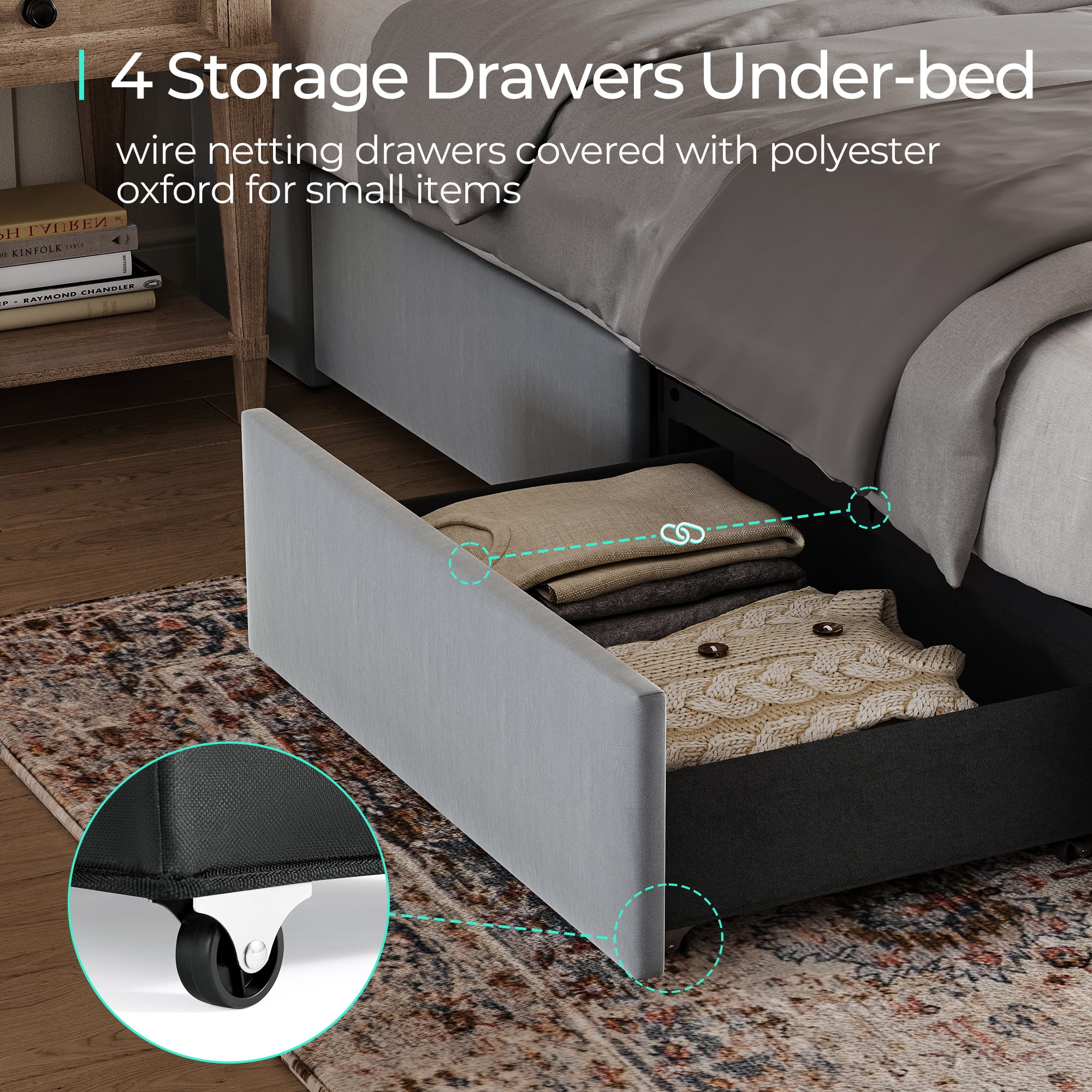 Linsy Home Upholstered Full Size Platform Bed Frame with Headboard and 4 Storage Drawers, Storage Bed with Remote RGB Lights & Fast Charger