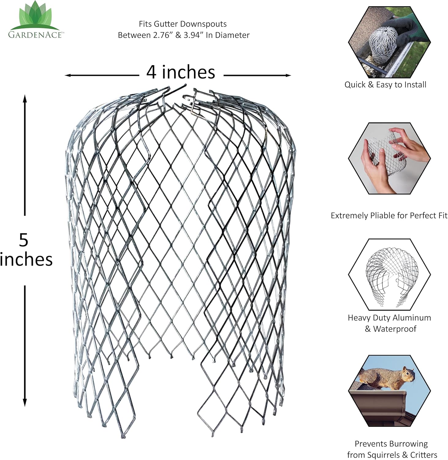 GardenAce Gutter Guards - 8 Pack - for Downspout - Stops Blockage - Expandable Aluminum Mesh Strainer for Leaf & Debris Blockage