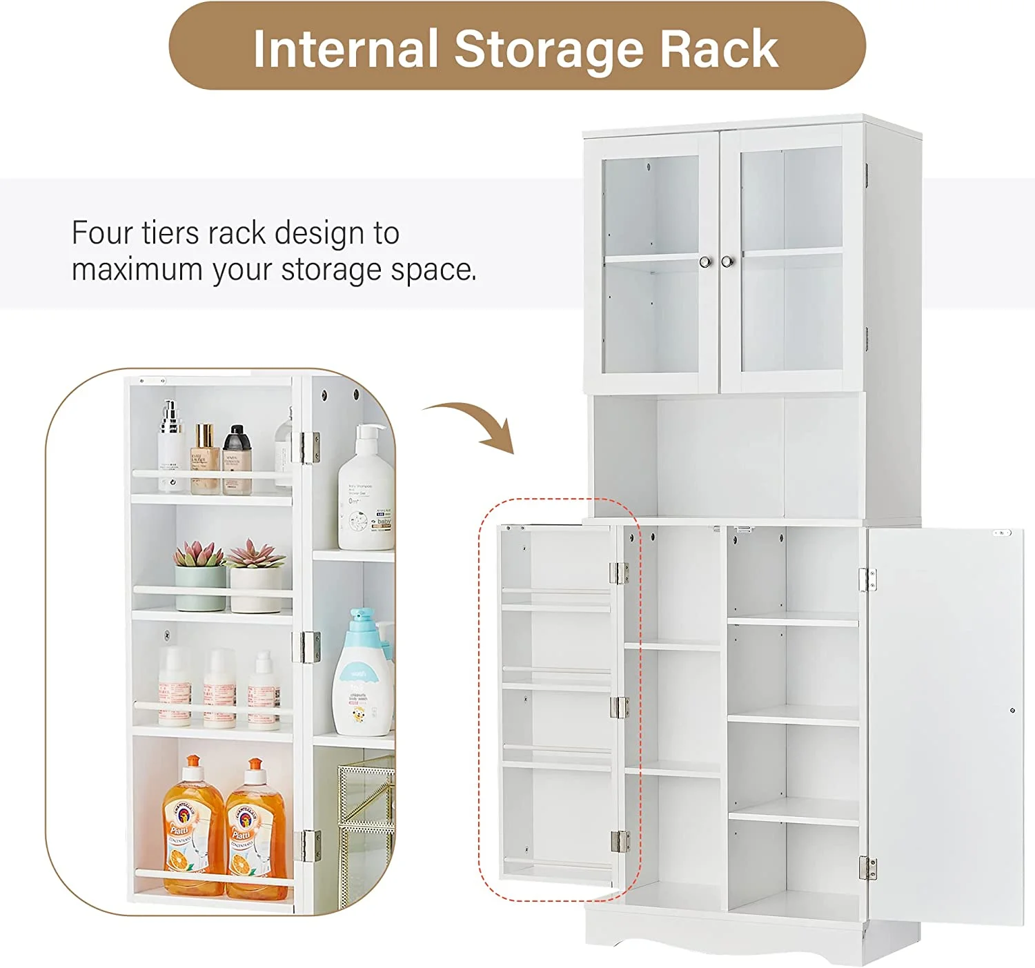 WANHUI, White Bathroom Storage Cabinet with Glass Doors, Open Bookcase, Pantry Cupboard, Adjustable Shelves