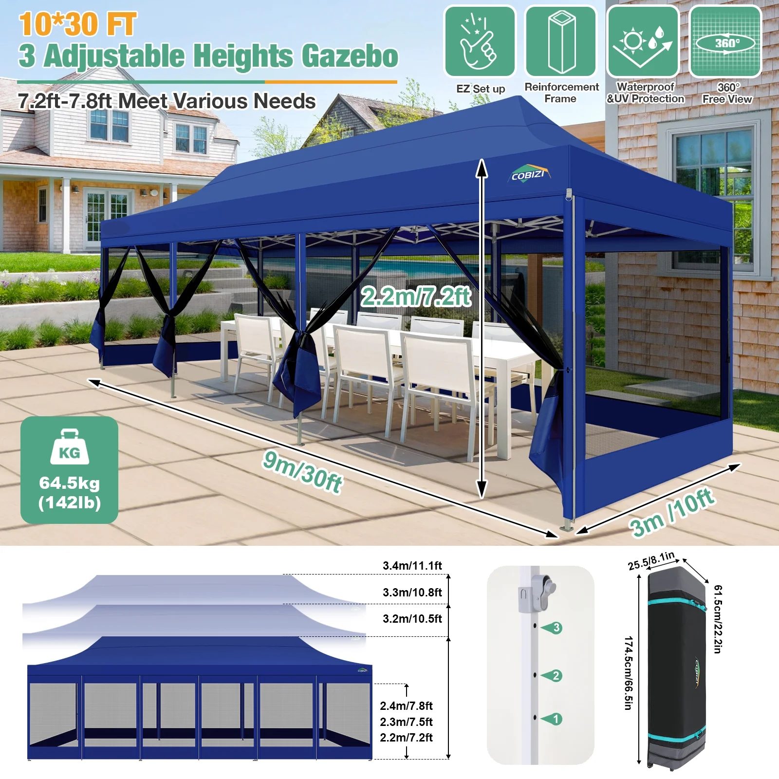 COBIZI 10x30 Canopy Heavy Duty Tent,Pop Up Canopy Gazebo with Netting Screened,Waterproof&Sunproof Ez up Canopy with Sidewalls