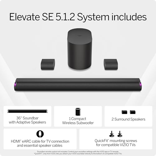 VIZIO 5.1.2 Elevate SE Soundbar, Wireless Subwoofer, Surround Sound w/Dolby Atmos & DTS:X, Bluetooth Speaker, QuickFit™ Compatible – SL512X-08 (New