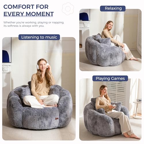 MAXYOYO Bean Bag Chair for Adults, Floral Shaped Bean Bag Sofa, Ultra Soft Faux Fur Floor Sofa, Large Reading Chair for Living Room Bedroom, Beige