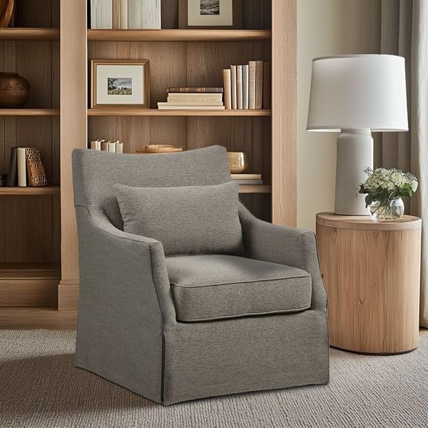 Martha Stewart London Swivel Chair - Solid Wood & Plywood, Skirted Metal Base Accent Armchair