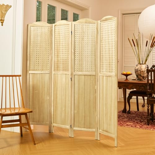 Pegboard Display, 5.6Ft Wooden Room Divider Folding Privacy Screens Portable Freestanding Wall Organizer for Retail Craft Art Display Board (4panels