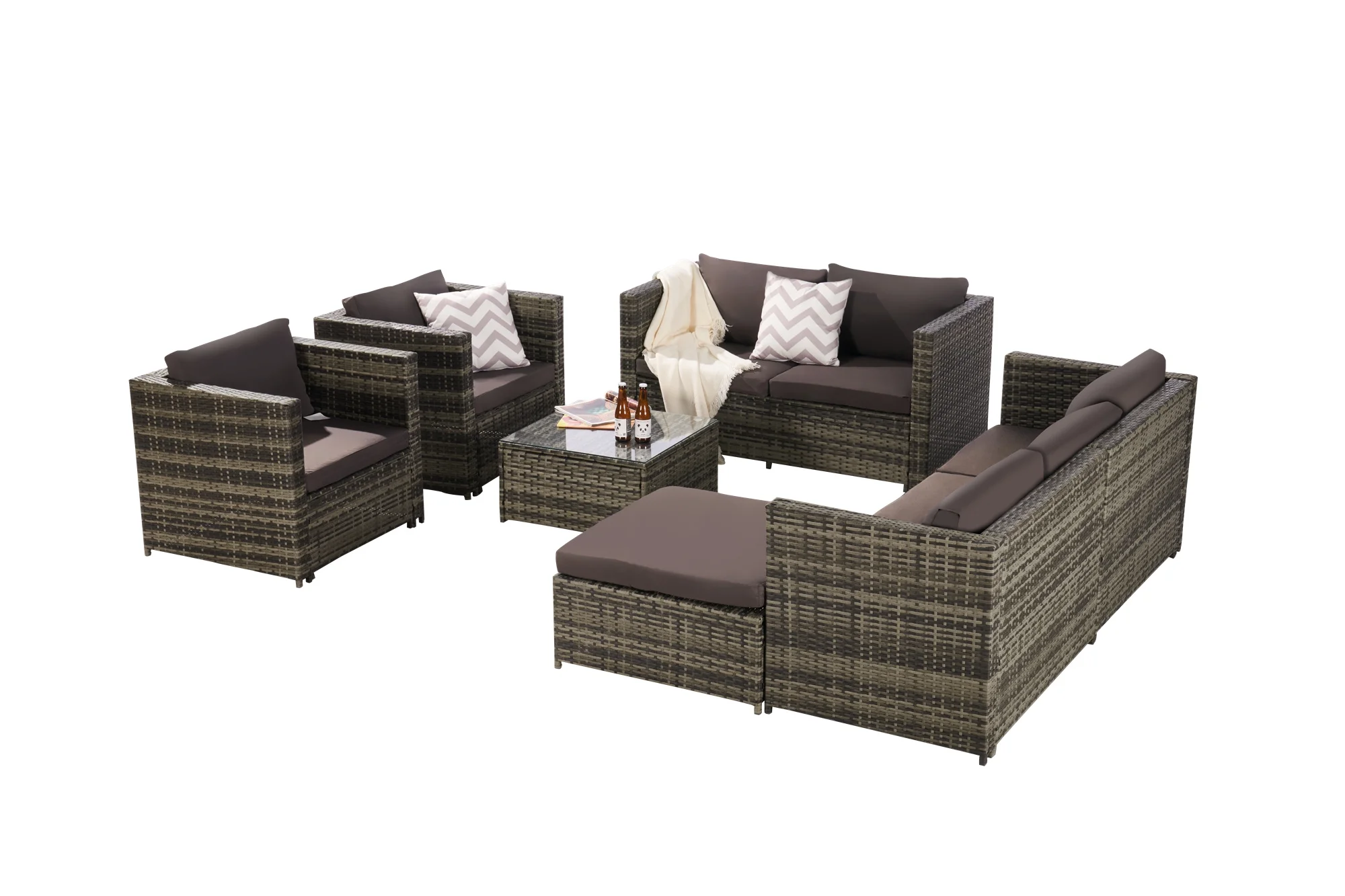Highsound 6 Pieces Outdoor Patio Furniture Set, All-Weather Patio Outdoor Conversation Sectional Set with Coffee Table & Ottoman, Wicker Sofas