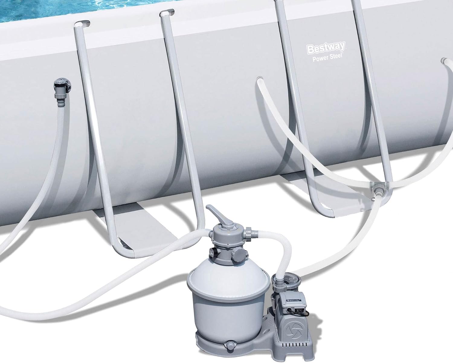 Bestway 56711E Power Steel 18' x 9' x 48 Outdoor Oval Frame Above Ground Swimming Pool Set with 1500 GPH Cartridge Filter Pump, Cover, & Ladder, Gray