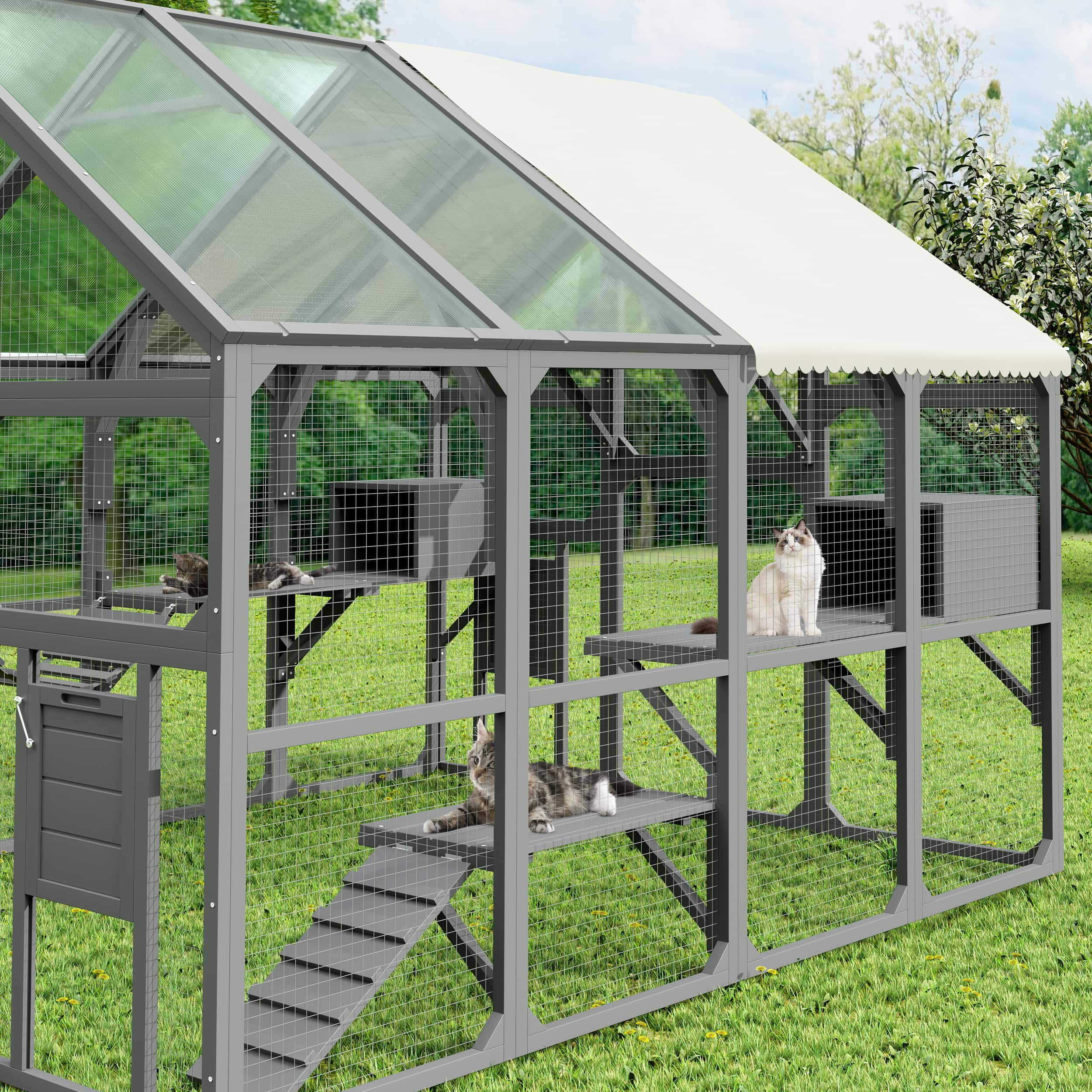 Montary Catio Outdoor Cat Enclosure with Window Access, 4-Tier Cat House with Wheels, Waterproof Roof &amp; Resting Box, Large Gray Cage