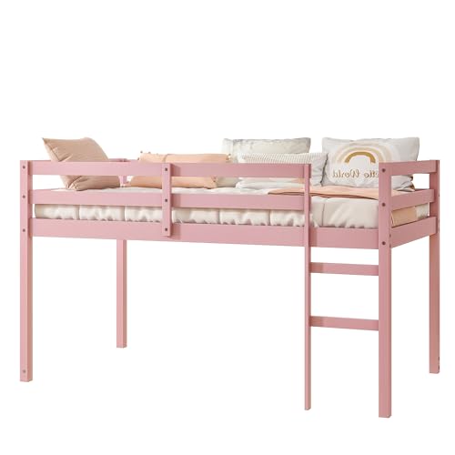Low Loft Bed Twin Size, Kids Solid Wood Modern Loft Bed Frame with Ladder and Safety Guardrail for Girls Boys, Noise-Free,Non-Toxic Finishes